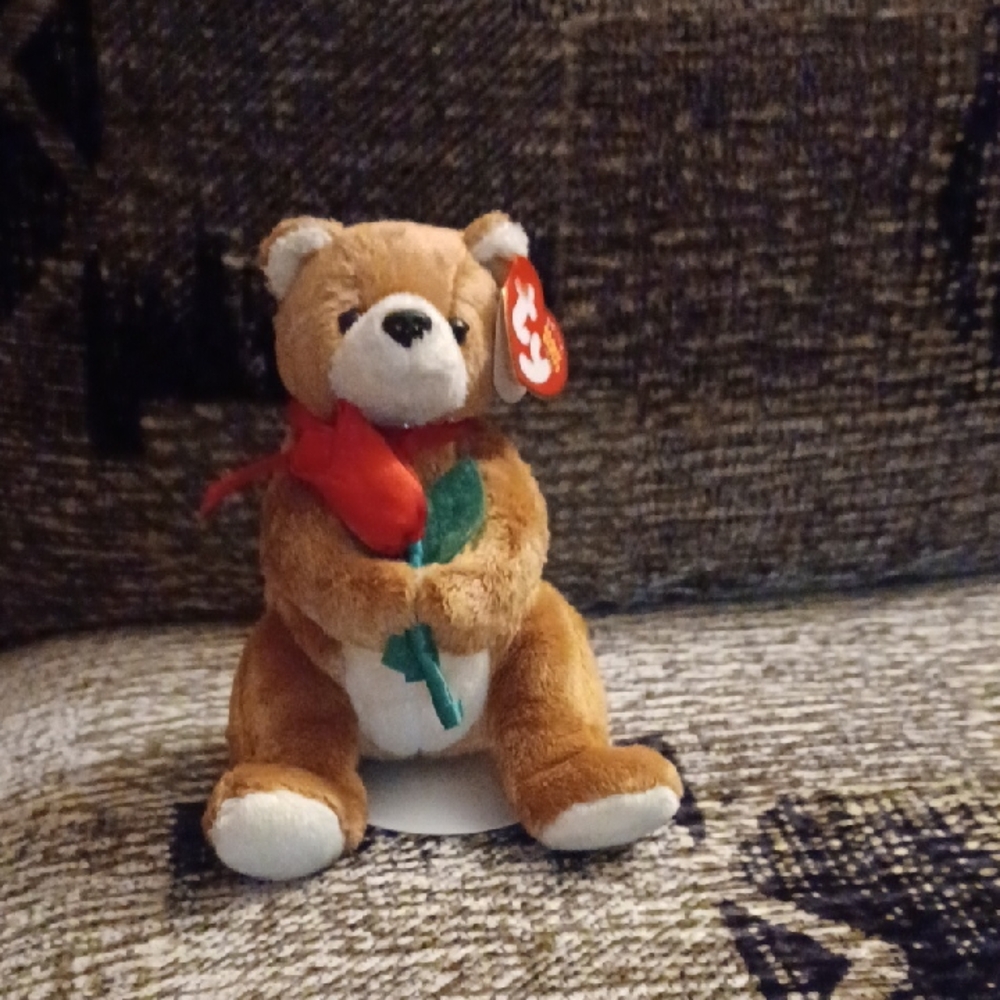 4/$80 Ty Beanie Babies Brown Plush "Always" Bear with Red Rose - Stand & Tag